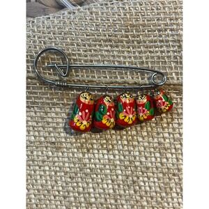 Vintage Russian Matryoshka Nesting Doll Safety Pin Brooch Red Hand Painted Wood